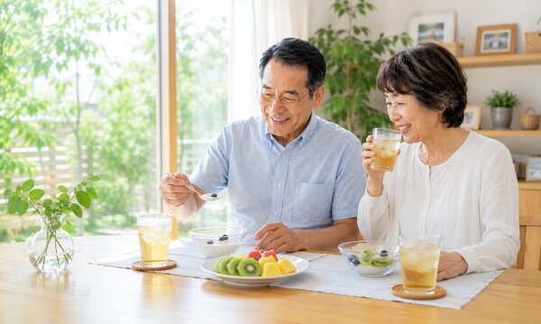 自宅で健康的な食事を楽しむ笑顔のシニア夫婦の豊かな暮らし