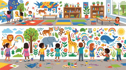  Diverse Kindergarten Children Learning Shapes and Animals in Colorful Classroom with Giraffe, Stars, and Educational Wall Decorations Cartoon Illustration Design  © Md