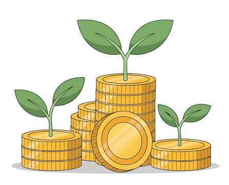 Investment growth financial success coin stack with growing green sprout conceptual illustration of wealth accumulation income savings profit development.