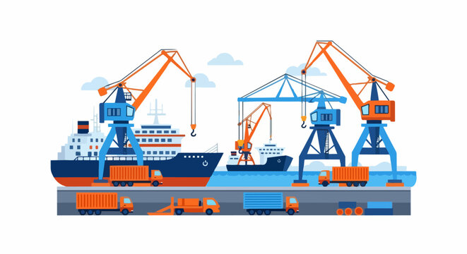 Industrial Logistics and Shipping Port Illustration with Cargo Ships, Cranes, and Trucks. Flat Vector Design for Global Trade and Supply Chain Concepts.