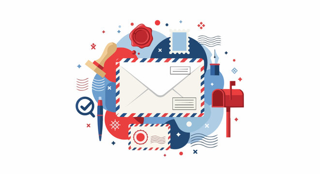 Flat Vector Illustration of Postal Service and Mail Communication Concept featuring Envelope, Mailbox, Wax Seal, and Stamps in Red and Blue