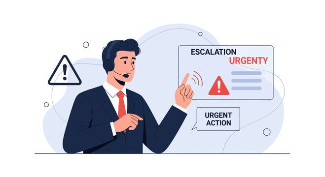 Customer service representative escalating urgent situation, notification alert