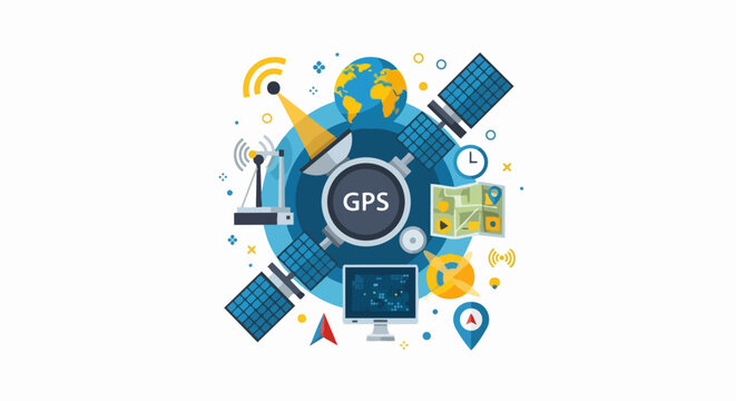 GPS Global Positioning System Navigation and Satellite Technology Vector Illustration with Digital Map and Communication Icons