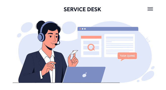 Customer Support Agent with Headset & Laptop, Digital Interface