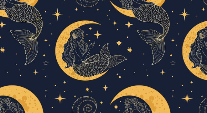 mystical mermaid on crescent moon with stars celestial seamless pattern