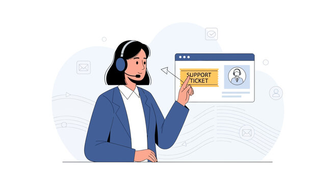 Customer Support Agent with Headset and Support Ticket Interface