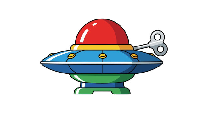 toy ufo wind up toy flying saucer a colorful retro childrens toy with a red dome and winding key ideal for playful designs.