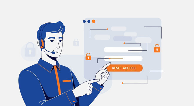 Customer support man with headset resets access on login screen, security concept