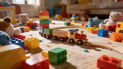 Fototapeta premium Colorful children's toys, including a wooden train and building blocks, scattered on a playroom floor, bathed in warm sunlight.