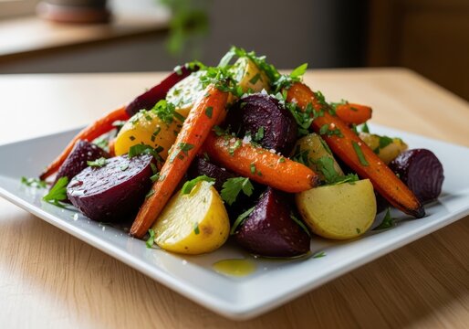 Vibrant roasted root vegetables with fresh herbs on a white square plate