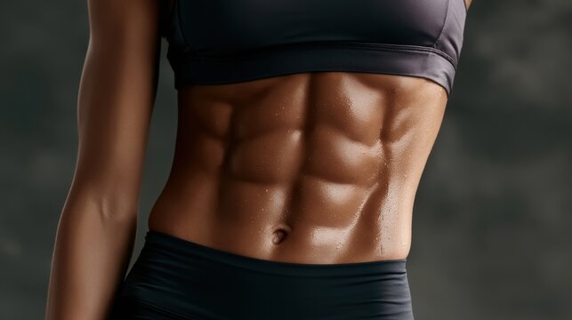 Close up of toned muscular female abdomen with defined six pack abs