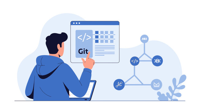 Developer using Git for version control with coding and network icons.