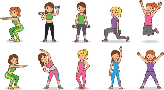 Set of cartoon female characters performing various fitness exercises including squats lunges weightlifting and stretching for workout motivation