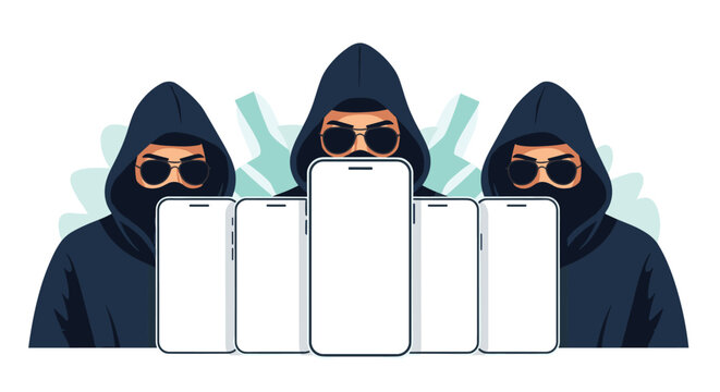 Group of anonymous cyber criminals wearing hoods and sunglasses standing behind multiple empty smartphone screens.