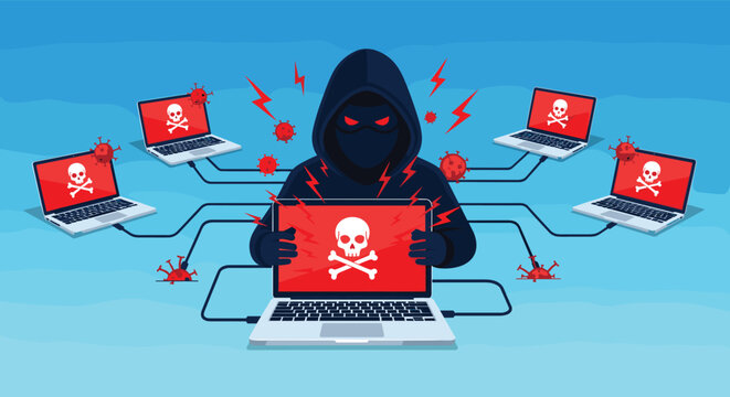 Hooded hacker at a central computer screen controlling multiple infected laptops displaying red skull and virus symbols.