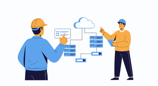 Engineers Collaborate on Cloud Server Network Diagram