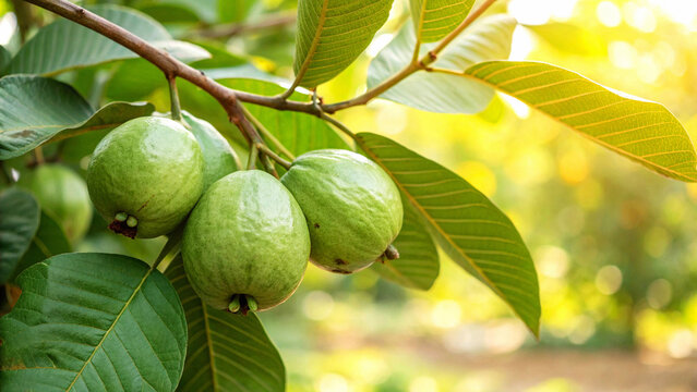 Cluster of green guavas ripening on a tree branch in a bright sunny tropical setting with tropical