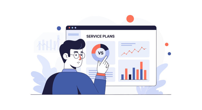 Man analyzes service plans data on interactive dashboard with charts