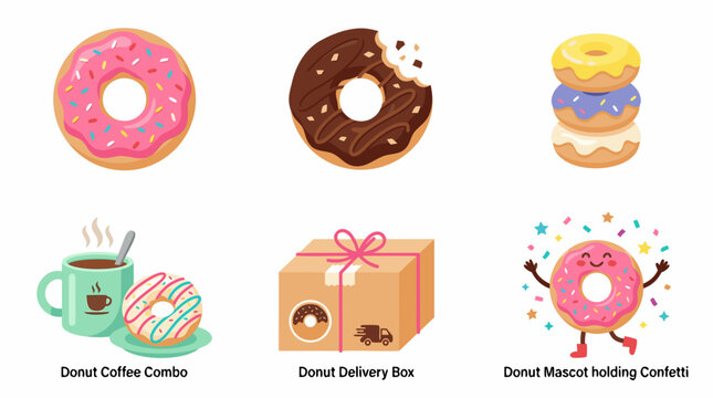A delightful assortment of sweet donut illustrations showcasing various frosted pastries, a coffee combo, convenient delivery, and National Donut Day