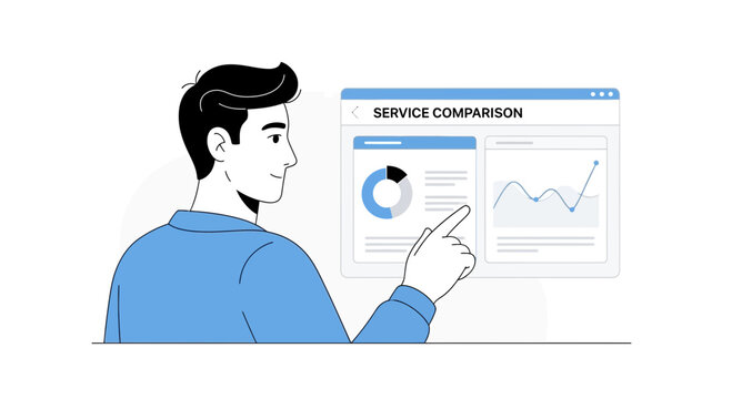 Man analyzing service comparison charts on digital screen, business analytics concept