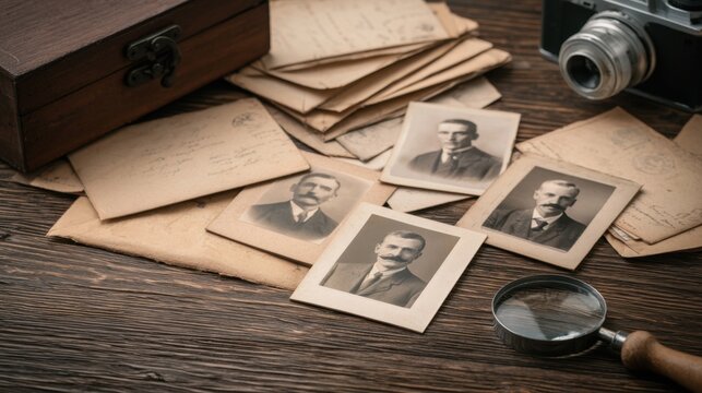 Vintage sepia photographs with old letters and magnifying glass on wooden table