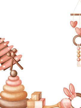 Watercolor vintage frame with cubes, pyramid, xylophone, rattle, balloons. Hand drawn illustration isolated background for handmad
