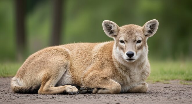 Young dingo resting on dirt path with soft green foliage background outdoor lighting