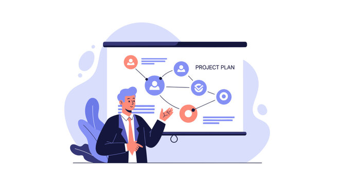 Man presenting project plan flowchart on screen, business concept illustration