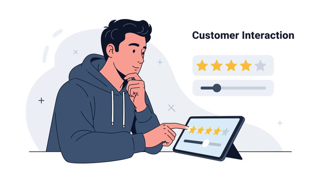 Man reviews customer experience on tablet, rating system with stars