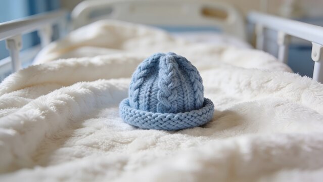 A blue knitted baby hat rests on a soft white blanket in a hospital maternity ward room.