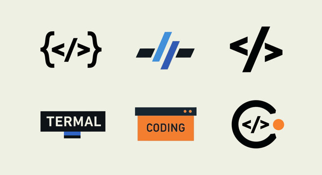 Coding programming concept vector icon sheet with 4 unique developer icons including code brackets, slash symbol, terminal coding sign, software development in modern flat design UI icon set