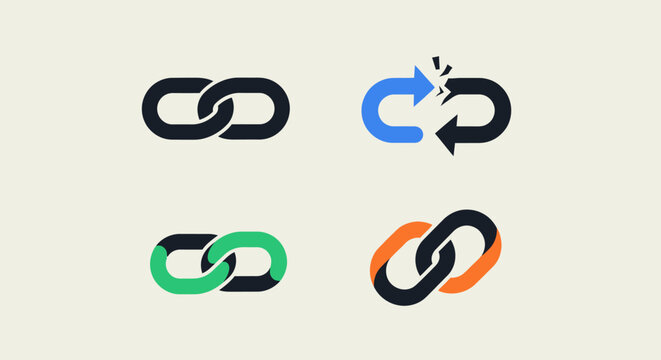 Link connection concept vector icon sheet with 4 unique chain icons including hyperlink, broken link, reconnect symbol, network connection in modern flat design colorful minimal UI icon set