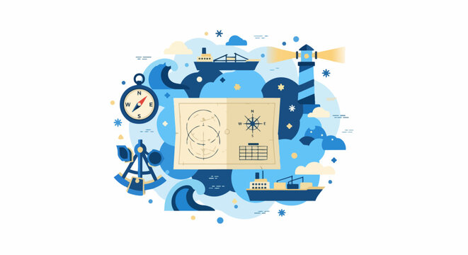 Maritime Navigation and Logistics Flat Vector Concept with Cargo Ships, Nautical Chart, Compass, and Lighthouse