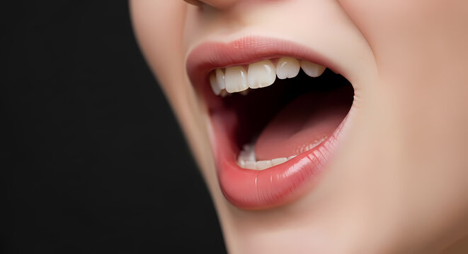 Close-up profile of an open mouth and white teeth.