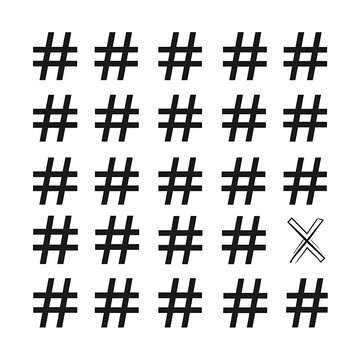 A grid of 25 black hash symbols with one crossed symbol