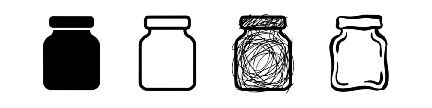 Set of Four Glass Jar Icons in Different Styles: Solid Silhouette, Simple Outline, Scribble Sketch, and Hand-Drawn Design, Isolated on White Background