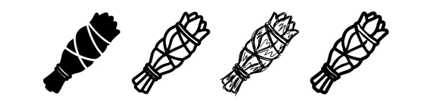 Set of Sage Smudge Stick Icons in Different Styles: Silhouette, Outline, and Hand-Drawn Illustrations for Spiritual Cleansing, Aromatherapy, and Ritual Wellness Designs