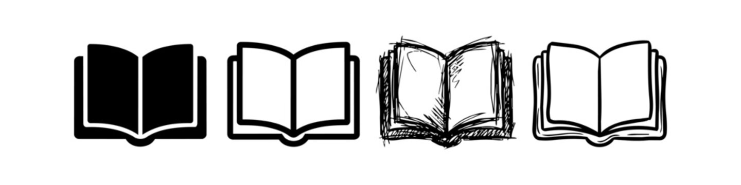 Set of Four Open Book Icons in Different Styles: Solid Silhouette, Line Art, Hand-Drawn Sketch, and Doodle Illustration for Education, Reading, and Library Design Projects