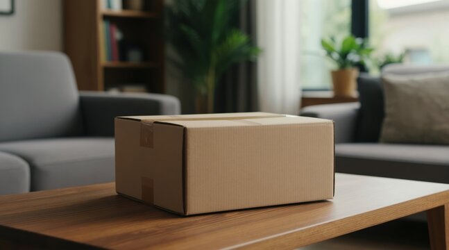 Cardboard box sits on wooden table inside modern living room, ready for unpacking. Online order delivery arrives at household for consumer purchase.