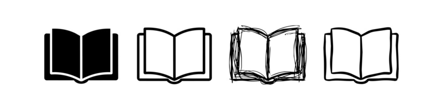Set of Open Book Vector Icons in Four Different Styles including Solid, Outline, Scribble, and Hand-Drawn Designs for Education, Literacy, and Library Branding