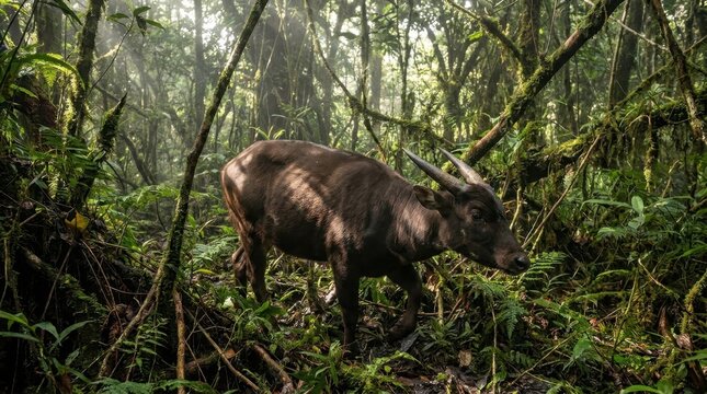 Rare Mountain Anoa Dwarf Buffalo Walking Through Thick Undergrowth in a Misty Mossy Tropical Rainforest