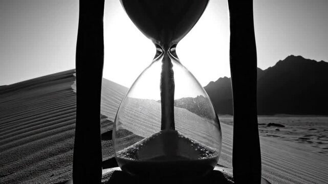 Black and white dramatic hourglass on sandy landscape with time passing concept and dramatic natural background