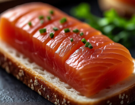 Open sandwich with fresh salmon, cream cheese, and dill on dark rustic bread