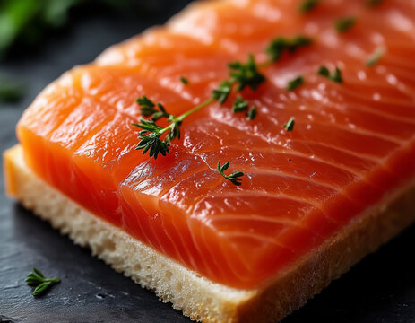 Open sandwich with fresh salmon, cream cheese, and dill on dark rustic bread