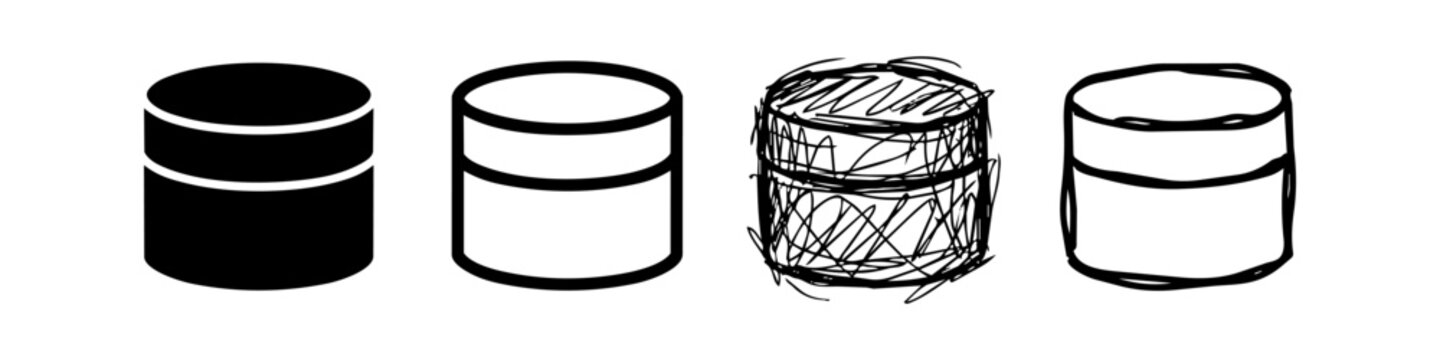Set of Four Cosmetic Jar Icons in Different Graphic Styles: Solid Silhouette, Clean Outline, Hand-Drawn Scribble, and Rough Doodle for Skincare and Beauty Product Packaging Design.