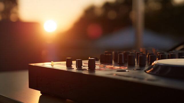 Close up of a DJ audio mixer controller with faders and knobs, bathed in the warm glow of a beautiful sunset or sunrise light outdoors
