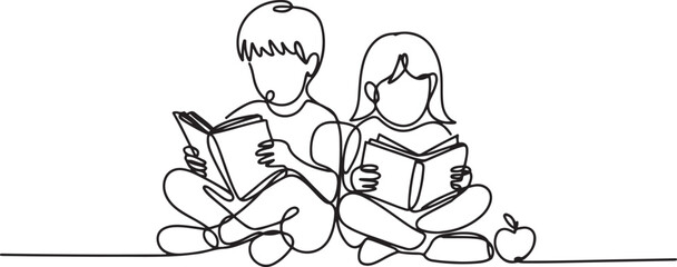 Boy and girl studing with notebook and reading book. Back to school concept.one line Art icon drawing vector