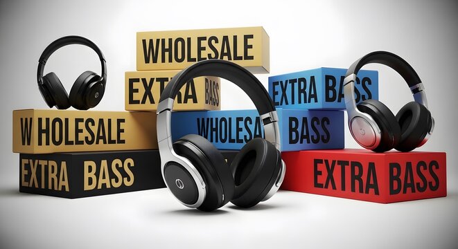 Black headphones on colorful blocks with wholesale extra bass labels