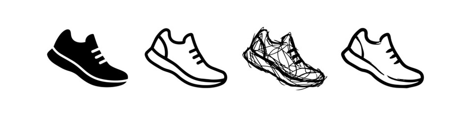Set of four running shoe icons in various styles including solid silhouette clean outline scribble sketch and hand drawn line art minimalist black and white sneaker illustrations for sports gear © Victor