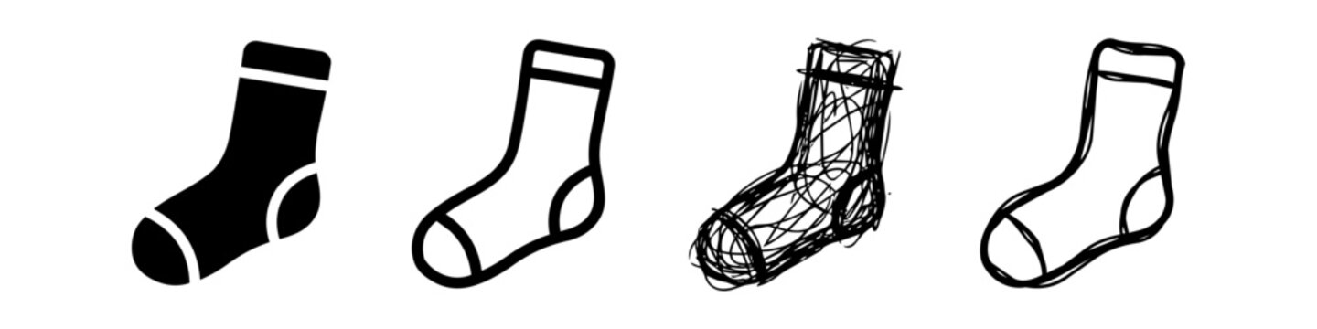 Set of Four Sock Icons in Different Styles: Solid Silhouette, Clean Outline, Hand-Drawn Scribble, and Sketchy Line Art for Apparel Design and Laundry Concepts
